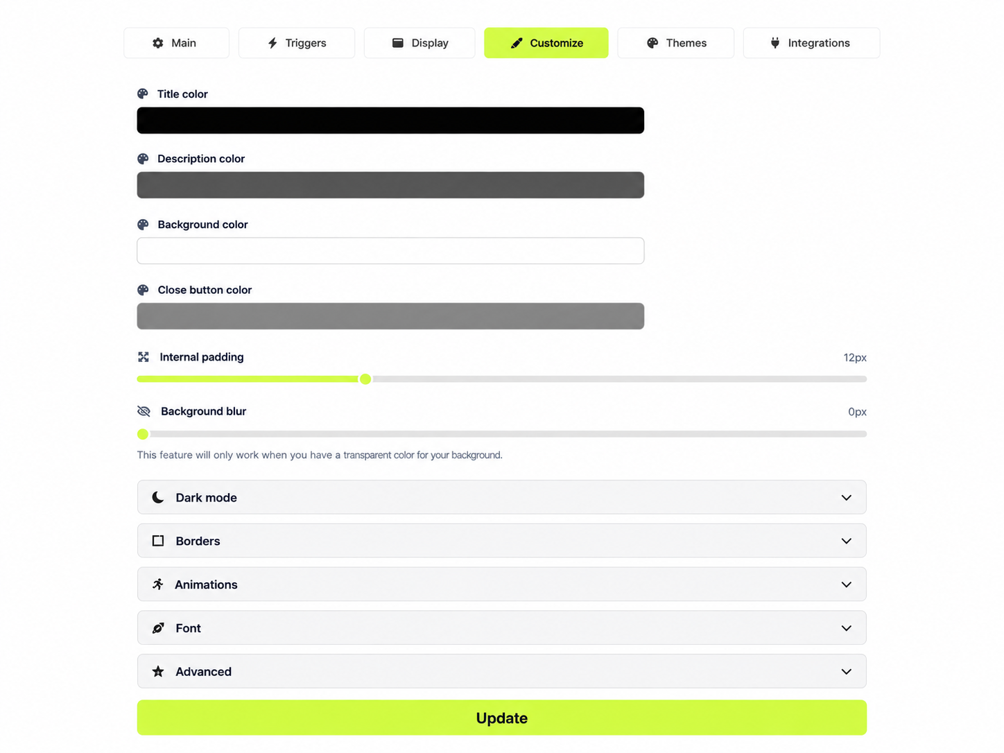 Customize tab: brand colors, spacing, blur, dark mode and animations with live preview.
