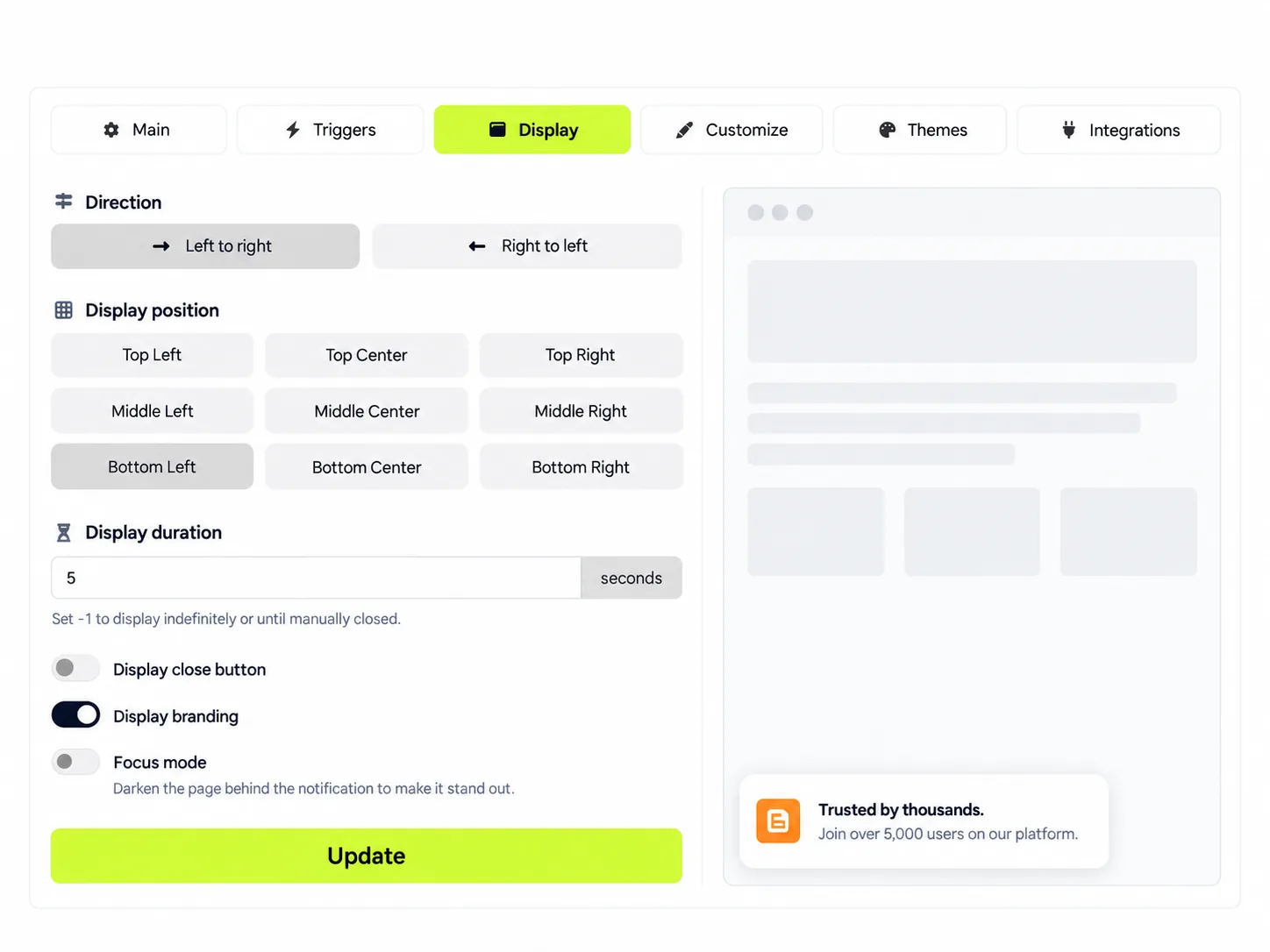 Display tab: direction, nine screen positions, display duration and close button options.