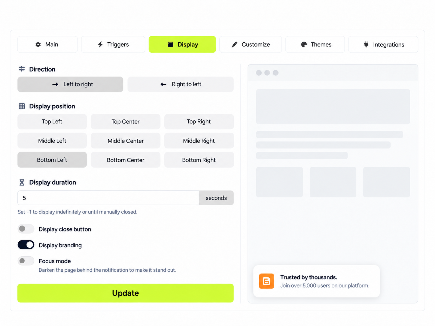Display tab: direction, nine screen positions, display duration and close button options.
