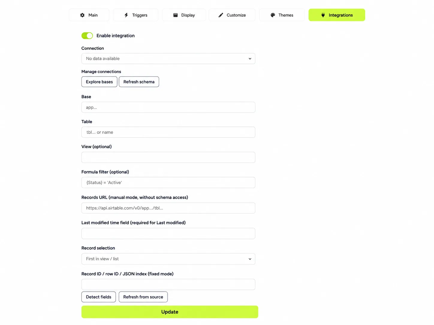 Integrations tab: data connection, base and table selection, filters and field mapping.