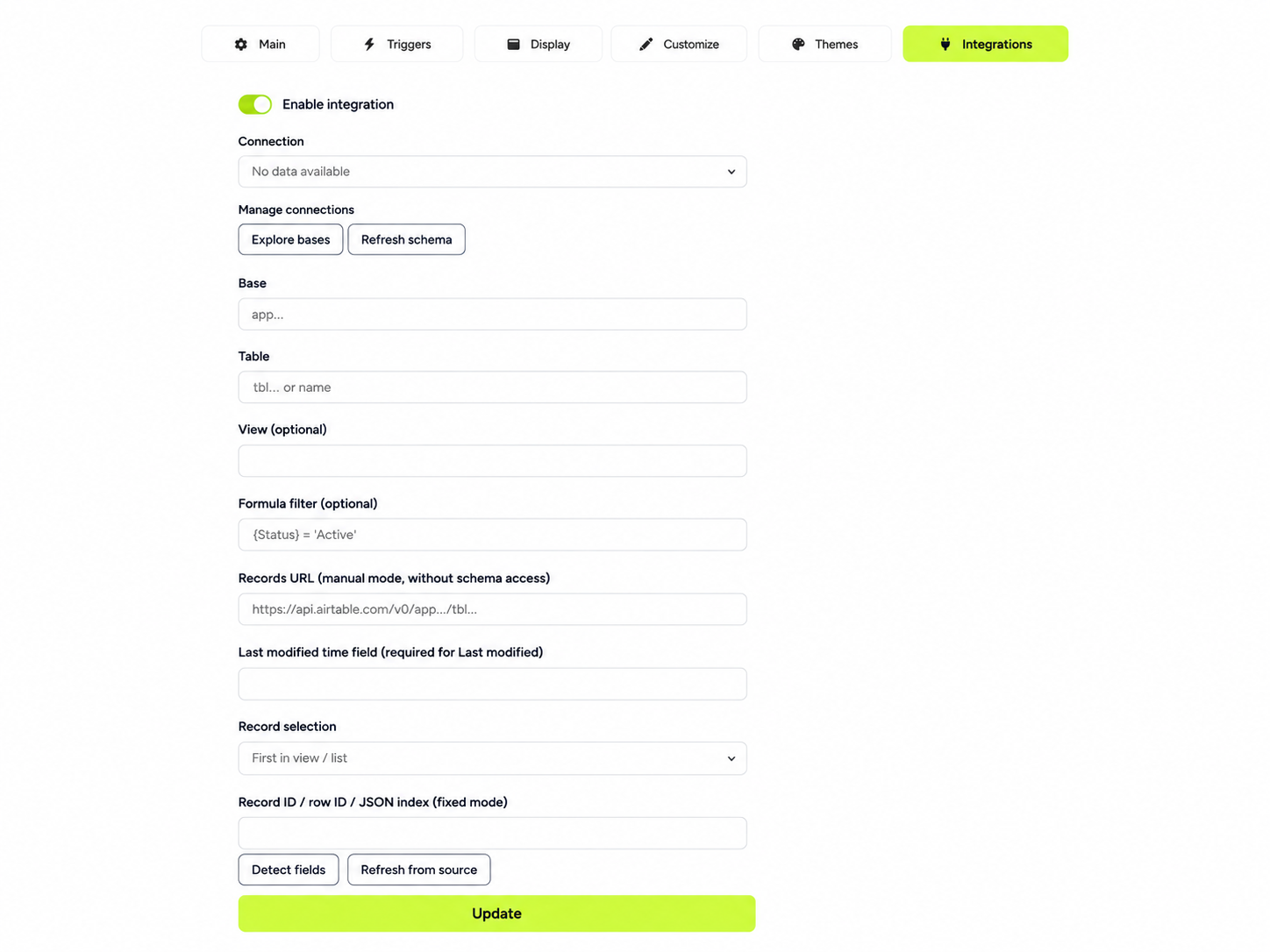 Integrations tab: data connection, base and table selection, filters and field mapping.
