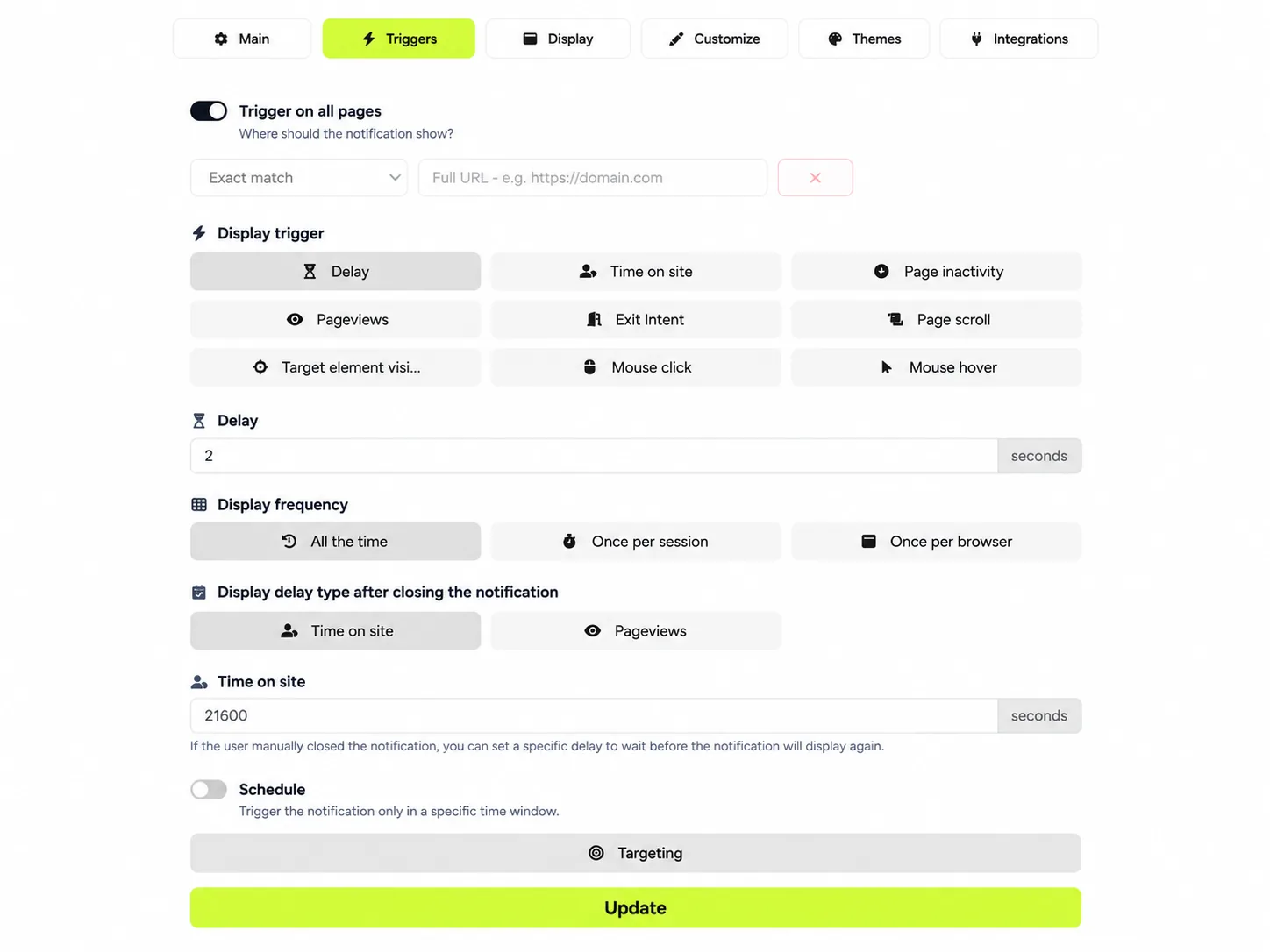 Triggers tab: page rules, behavior triggers such as exit intent and delay, and display frequency.