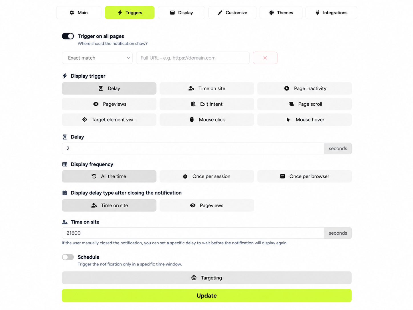 Triggers tab: page rules, behavior triggers such as exit intent and delay, and display frequency.